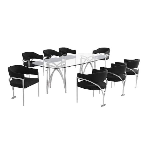 Best Quality Furniture Doug 9-Piece Clear Tempered Glass Top Chrome Plated Base Dining Set with 8 Black Color Chairs