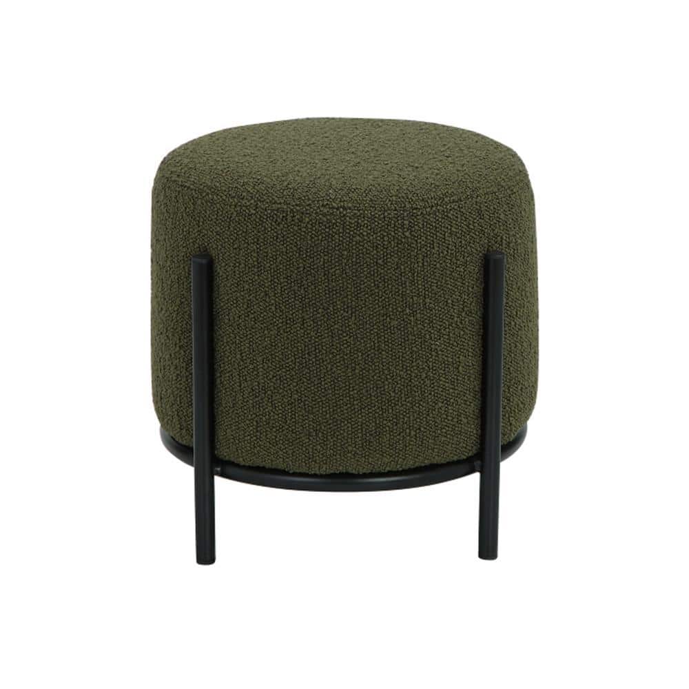 Green Boucle Round Cushioned Ottoman Stool with Black Metal Frame