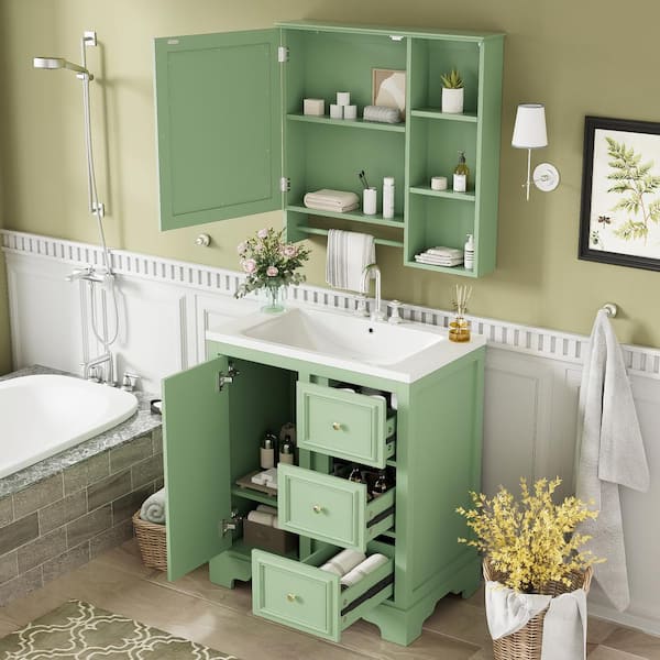 30 in. W Single Sink Freestanding Bath Vanity in Sage with White Ceramic Top and Mirror Cabinet, 3 Drawers