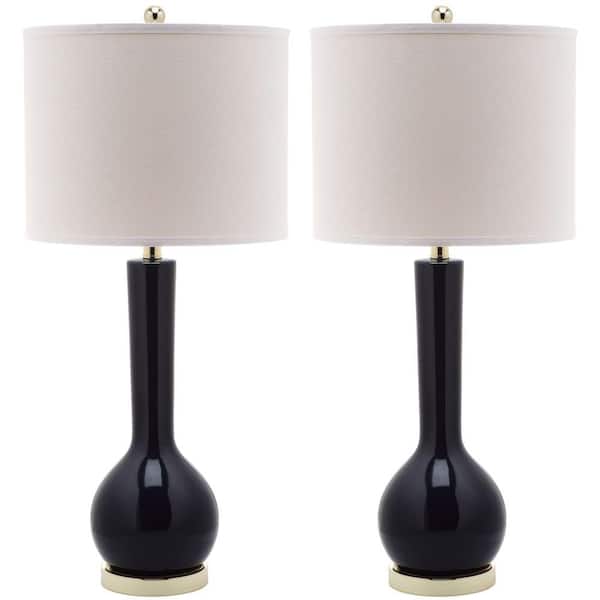 SAFAVIEH Mae 30.5 in. Navy Long Neck Ceramic Table Lamp with Off-White Shade (Set of 2)