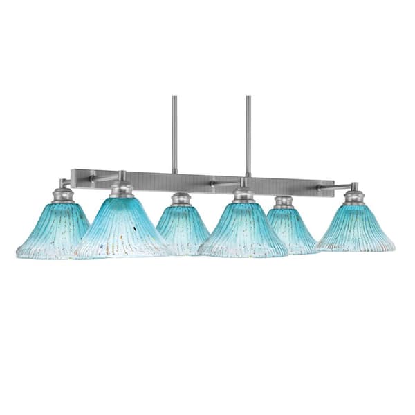 Unbranded Albany 6 Light Brushed Nickel Downlight Chandelier, Linear Chandelier for the Kitchen with Teal Crystal Glass Shades