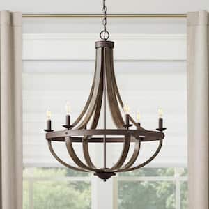 Keowee 26 in. 6-Light Artisan Iron Farmhouse Cage Chandelier with Rustic Distressed Elm Wood Accents