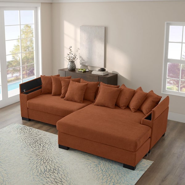 Luxury Collection 111 in. Square Arm 3-Piece L-Shaped Corduroy Modern Sectional Sofa in Reddish Brown with Chaise Lounge