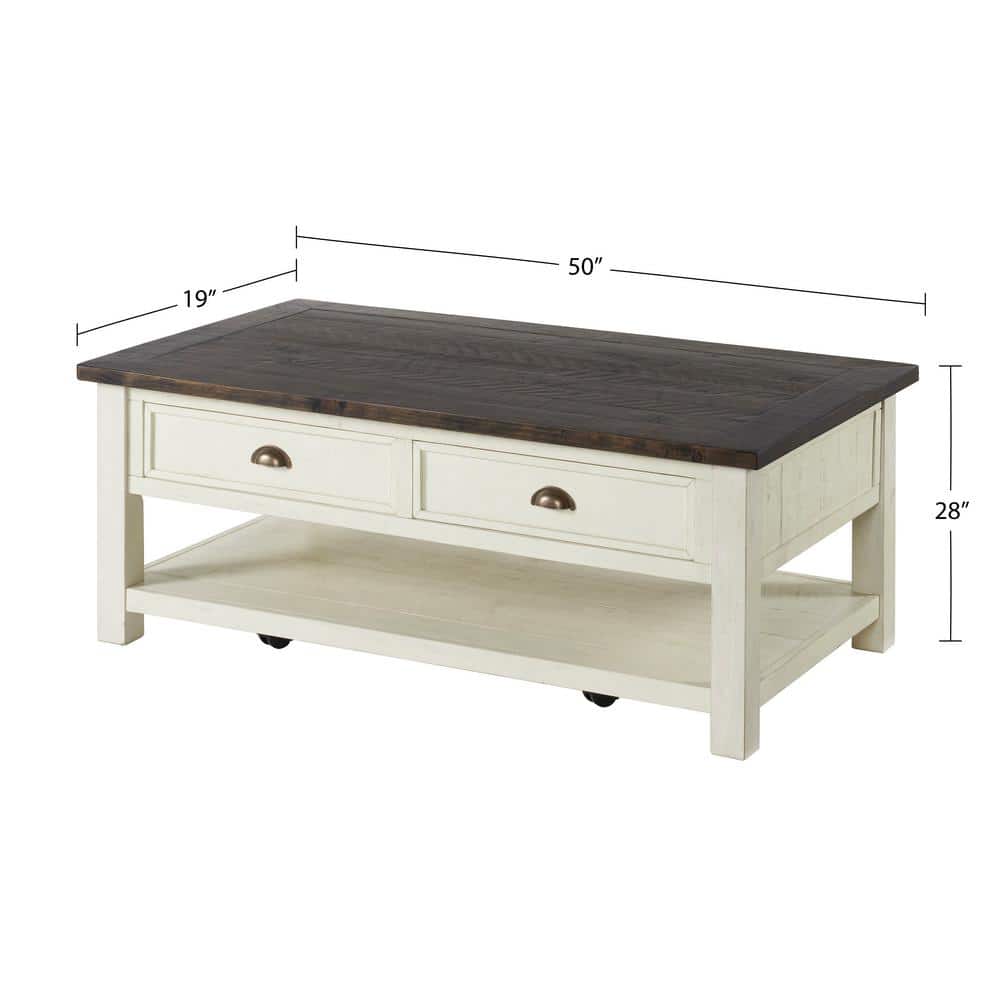 Monterey 50" Cream White and Brown Pine Coffee Table with Storage