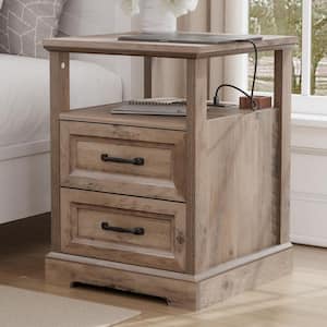 Farmhouse Gray/Wash 2-Drawer 17.7 in. W Nightstand with Charging Station and Open Shelf