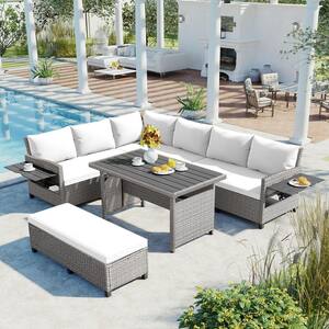 5-Piece Wicker Patio Conversation Set with White Cushions, 2 Extendable Side Tables, Dining Table and Washable Covers