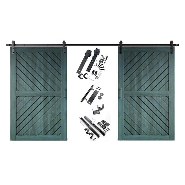 HOMACER XT4 42 in. x 80 in. C-Panel Royal Pine Slanted Stripe Design Double Pine Wood Sliding Barn Door with Hardware Kit