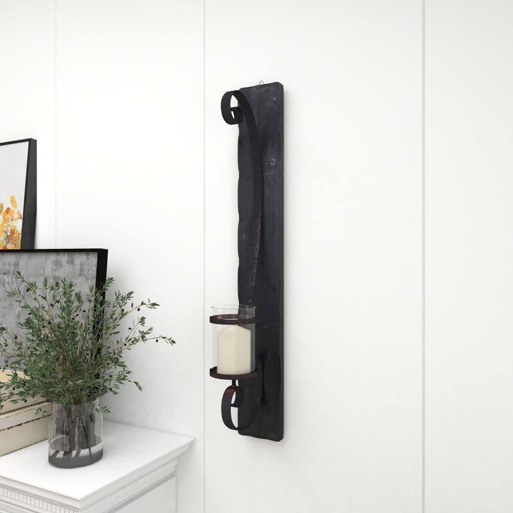 Black Metal and Wood Wall Sconce with Hurricane Glass