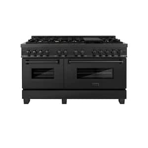 60 in. 9 Burner Double Oven Dual Fuel Range with Brass Burners in Black Stainless Steel