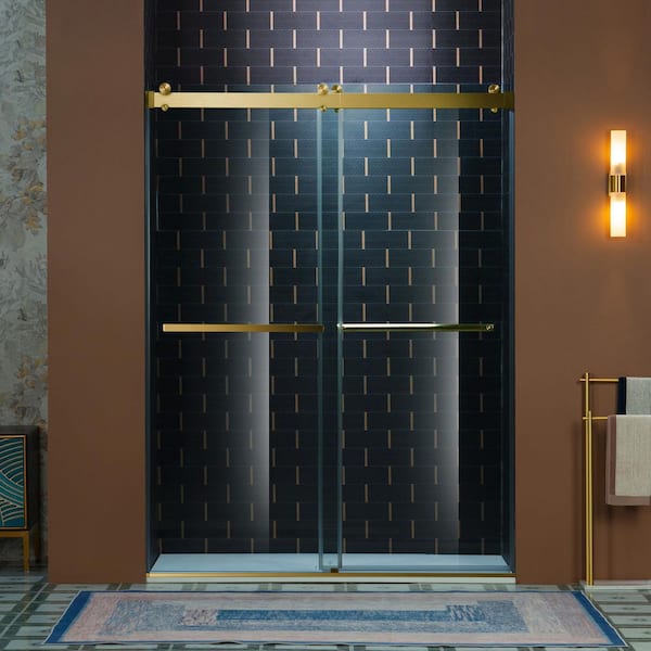 60 in. W x 80 in. H Double Sliding Frameless Shower Door in Brushed Gold Finish w/ Soft Close and 3/8 in. Clear Glass