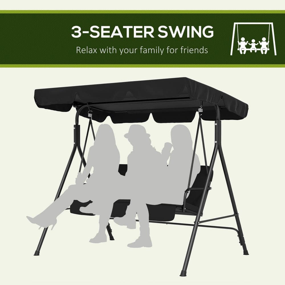 Black Steel Frame 3-Person Outdoor Patio Swing with Adjustable Canopy
