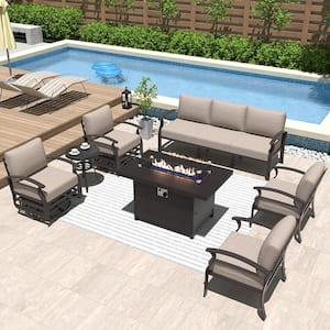 7-Seat Aluminum Patio Conversation Set with armrest, Firepit Table, Swivel Rocking Chairs and Sand Cushions