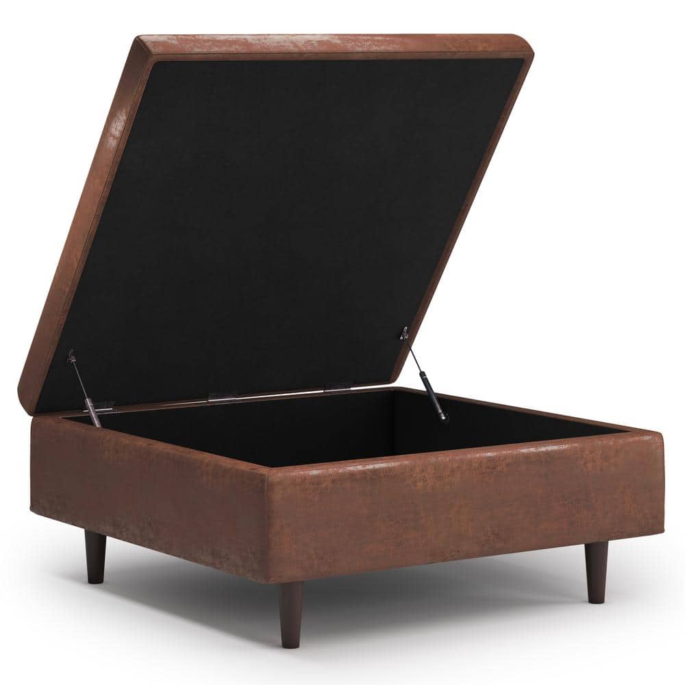 Shay 38" Distressed Saddle Brown Tufted Square Storage Ottoman