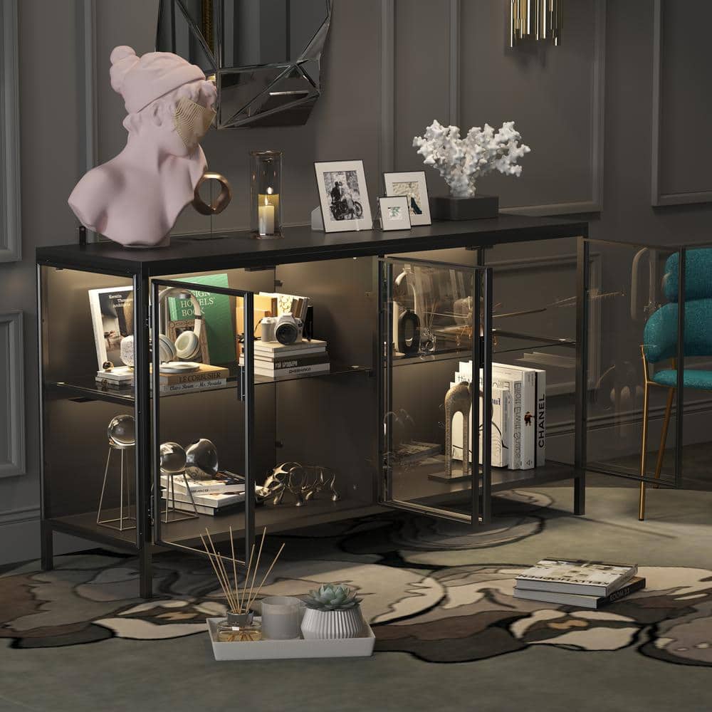 Black Wood Accent Cabinet with Glass Doors and LED Lighting
