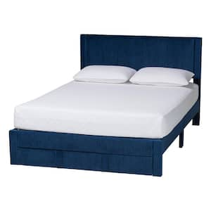 Elora Navy Blue Velvet and Wood Frame Queen Platform Bed with Storage