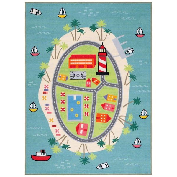 SAFAVIEH Kids Playhouse Blue/Green Doormat 3 ft. x 5 ft. Machine Washable Novelty Area Rug