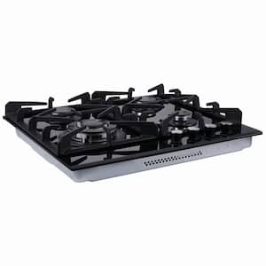 24 in. 4-Burners Recessed Black Gas Cooktop in Stainless Steel with NG/LPG Convertible, Thermocouple Protection