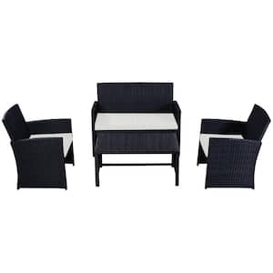 Black 4-Piece Rattan Wicker Patio Conversation Set Sofa Table with Beige Cushions