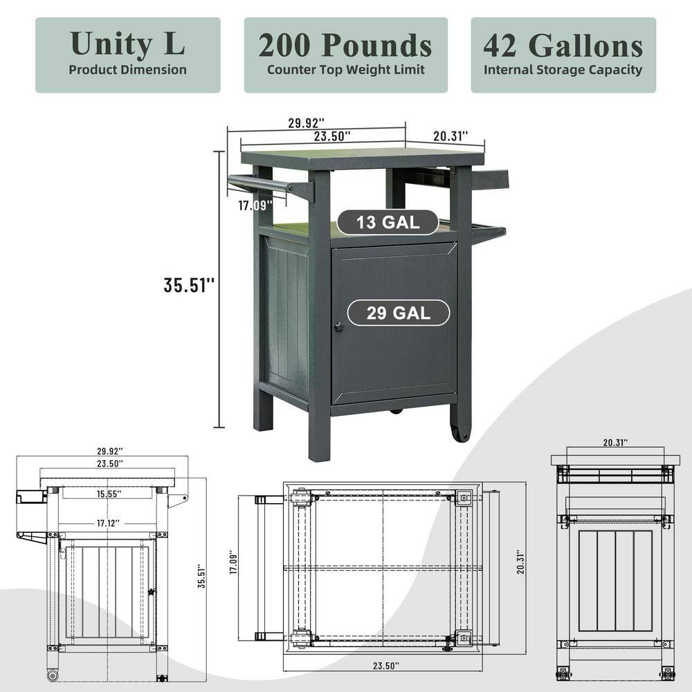 Dark Gray Metal Grill Cart with Storage and Wheels