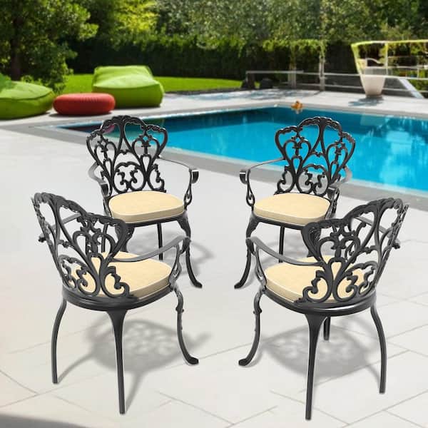 Black Cast Aluminum Patio Outdoor Dining Chairs with Random Color Seat Cushions (Set of 4)