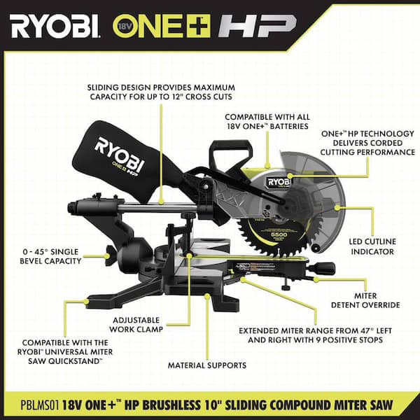 RYOBI PBLMS01K ONE+ HP 18V Brushless Cordless 10 in. Sliding Compound Miter Saw Kit with 4.0 Ah HIGH PERFORMANCE Battery and Charger - 3