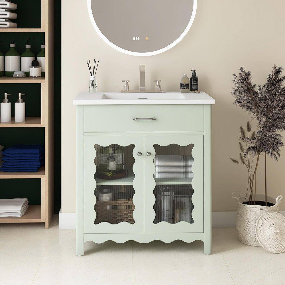 31 in. Freestanding Green Bath Vanity with White Ceramic Top Unassembled