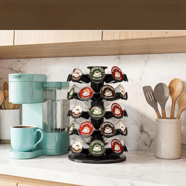 360° Rotating 40-Pod Black Countertop Mount Rotating Coffee Pod Carousel Organizer for Home Kitchen Coffee Station