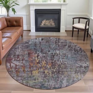 Mayfield Premium Machine Washable Abstract AMF1237 Pewter 8 ft. x 8 ft. Round Rug