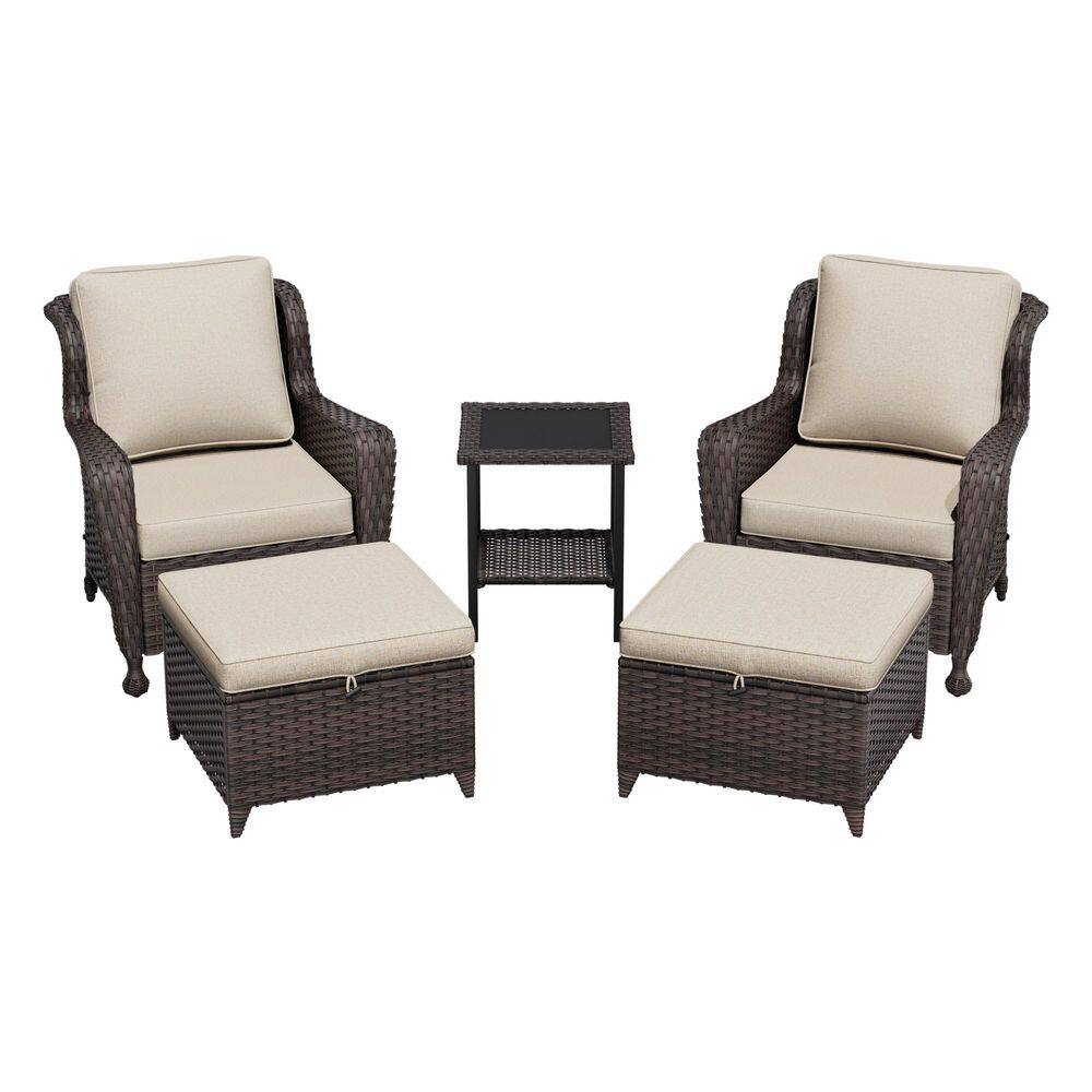 Elegant 5-Piece Wicker Outdoor Patio Conversation Set with Ottoman, Side Table and Beige Cushions price history on PriceWatchPro