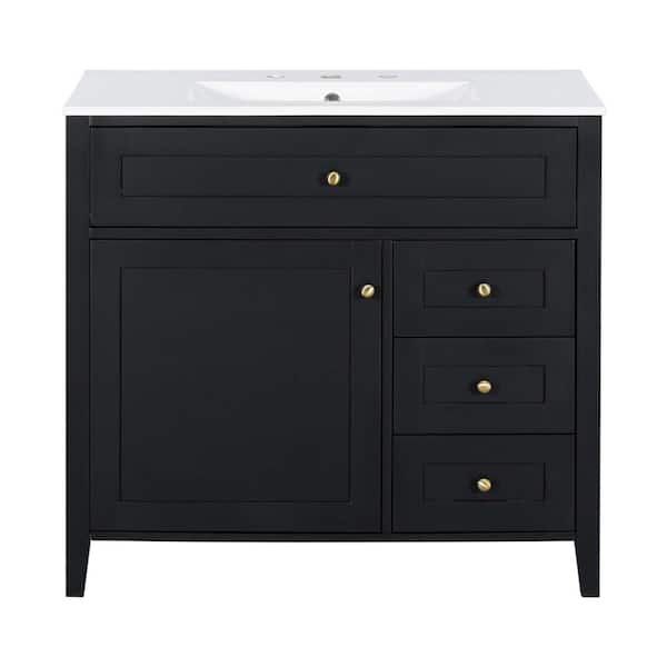 XUJMK 36 in. Black Bath Vanity with White Ceramic Top, Sink, 3