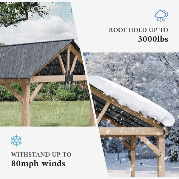 13 ft. x 11 ft. Cedar Wood Hardtop Outdoor Patio Gazebo with Galvanized Steel Roof and Ceiling Hook Brown