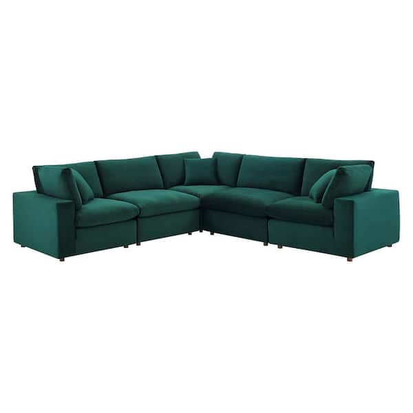 MODWAY Commix 119 in. 5-Piece Green Down Filled Overstuffed Performance Velvet Sectional Sofa