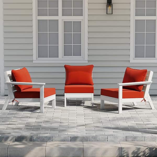 Birchwood White Arrangeable 3-Piece HDPE Deep Seating Outdoor Patio Conversation Sofa Arm Chair Set w/ Orange Cushions
