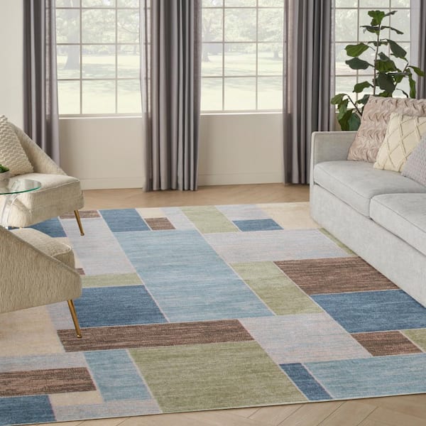 Astra Machine Washable Blue Green Multi 9 ft. x 12 ft. Geometric Contemporary Area Rug