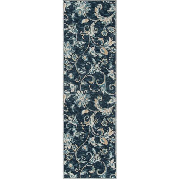 Tayse Rugs Majesty Floral Navy 2 ft. x 11 ft. Indoor Runner Rug