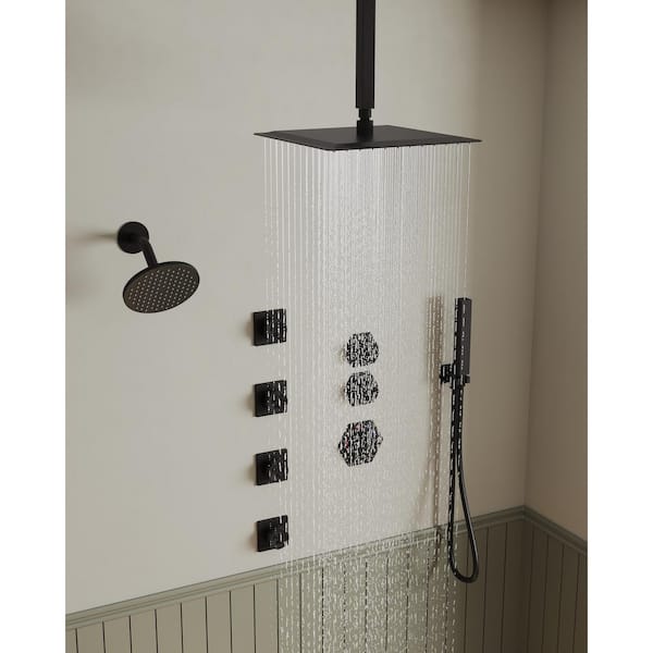 Rainfall 8-Spray Square 12 in. Shower System Shower Head with Handheld in Black (Valve Included)