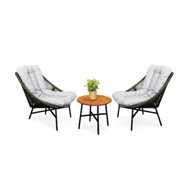 Billund 3-Piece Grey Wicker Round Outdoor Bistro Set with Grey Cushions