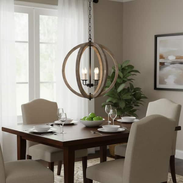 4-Light Rustic Black Metal and Vintage Wood Pendant Orb Chandelier