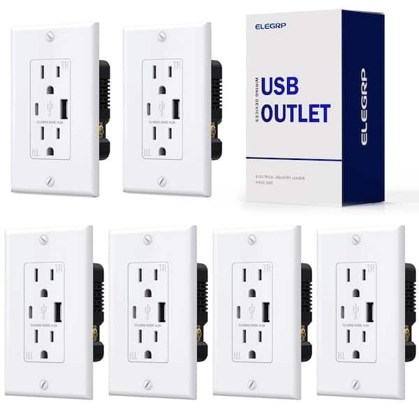 ELEGRP  Amp Type A & Type C USB Charger Wall Outlet, 15 Amp Duplex  Tamper Resistant Outlet, with Wall Plate, White（6 Pack） ER16142AC-0106S -  The Home Depot
