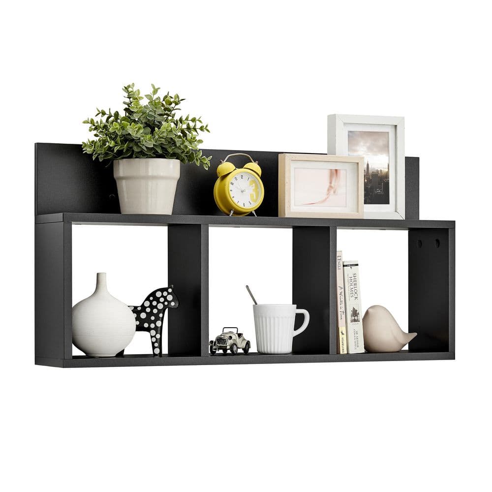 Black MDF 34" Floating Cube Wall Shelf with Display Ledge