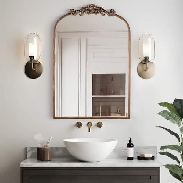 20 in. W x 30 in. H Baroque Carved Antique Gold Arched Framed Wall Bathroom Vanity Mirror