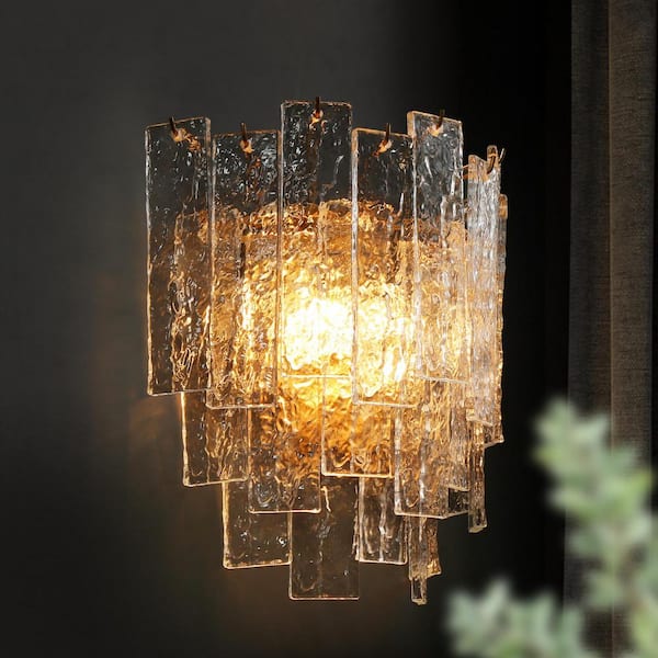 LNC Glacia Luxury 14 in. 2-Light Brass Gold Wall Sconce with Handmade Glacier Crystal Glass for Living Room and Bedroom
