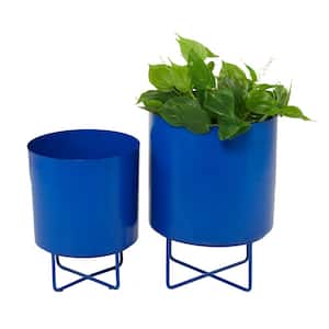 16 in., and 13 in. Medium Blue Metal Planter (2- Pack)