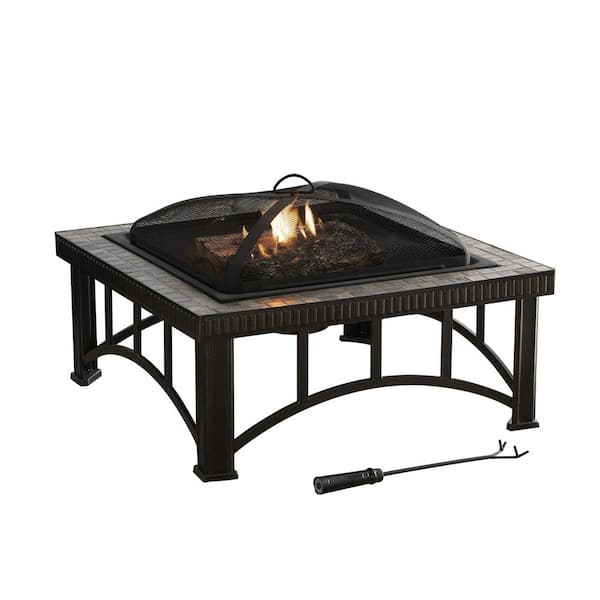 Pleasant Hearth Hampton 30 in. x 19 in. Square Steel Wood Fire Pit in Slate with Cover