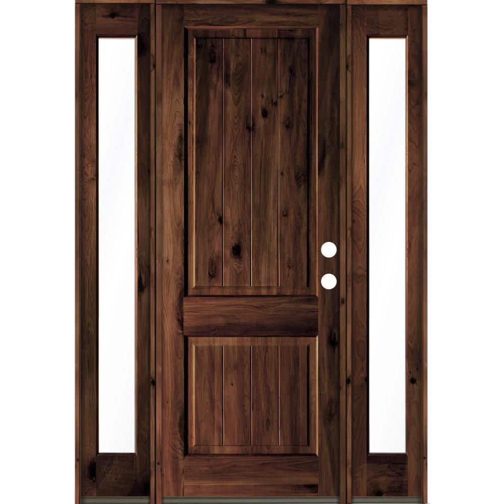 70 in. x 96 in. Rustic Alder Square Top Red Mahogany Stained Wood with V-Groove Left Hand Single Prehung Front Door price history on PriceWatchPro