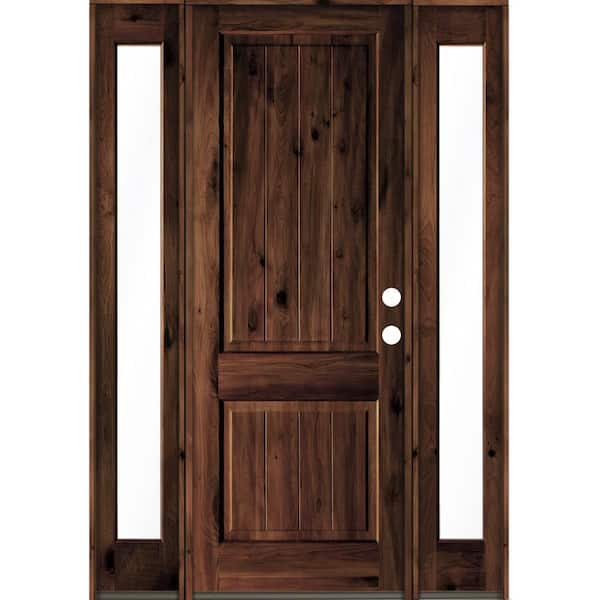 Krosswood Doors 70 in. x 96 in. Rustic Alder Square Top Red Mahogany Stained Wood with V-Groove Left Hand Single Prehung Front Door
