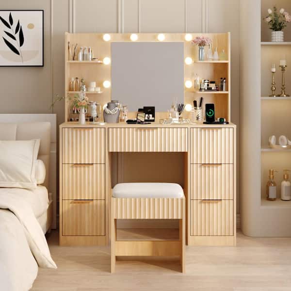 2-piece Oak-colored Makeup Vanity Set with 10 Three-color Dimmable Bulbs, 7 Drawers and 4-tier Shelves