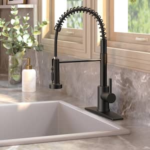 Single-Handle Pull Down Sprayer Coil Spring High-Arc Kitchen Faucet with Deckplate Lead-Free Sink Faucet in Matte Black