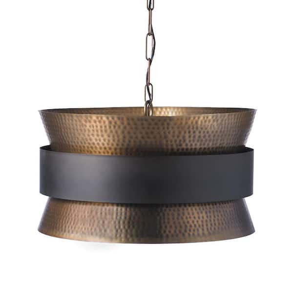 Loren 60-Watt 4-Light Patinaed Brass and Dark Zinc Large Pendant Light with Hammered Drum Shade and No Bulbs Included