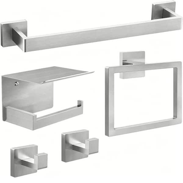 5-Pack Bathroom Hardware Set 16 in. Wall Mounted Towel Bar Set in Brushed Nickel